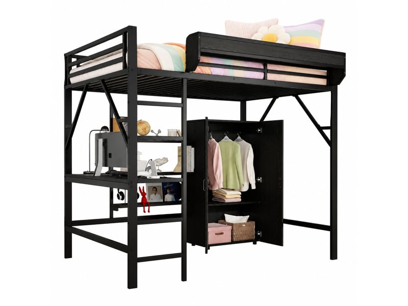 Lit mezzanine enfant 140x200 cm – noir – bureau, armoire et rangements intégrés, sommier métallique - sans matelas - Conforama A