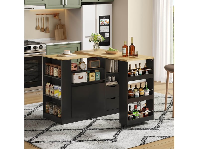  Îlot de cuisine 115 cm avec plateau rotatif extensible, 2 tiroirs, noir naturel  - Conforama E