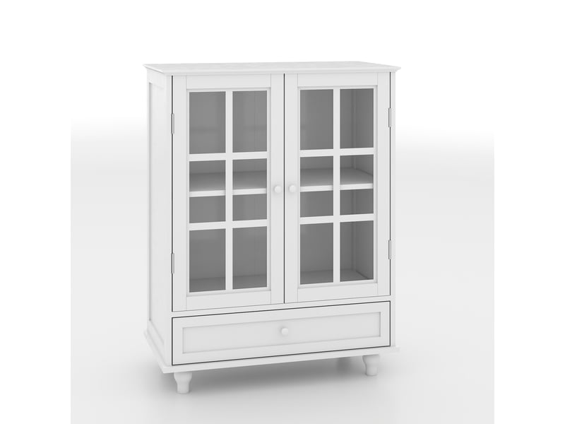 Buffet blanc minimaliste avec doubles portes en verre et tiroir, meuble de rangement en bois moderne pour salon salle à manger entrée - Conforama A
