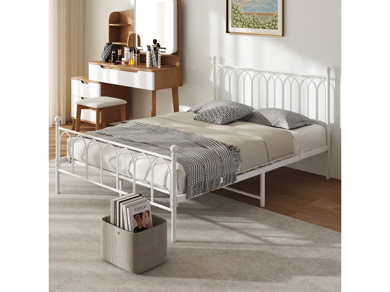 Lit double en métal 140x200 cm, avec sommier à lattes, sans matelas, structure robuste, facile à monter, blanc  - Conforama C
