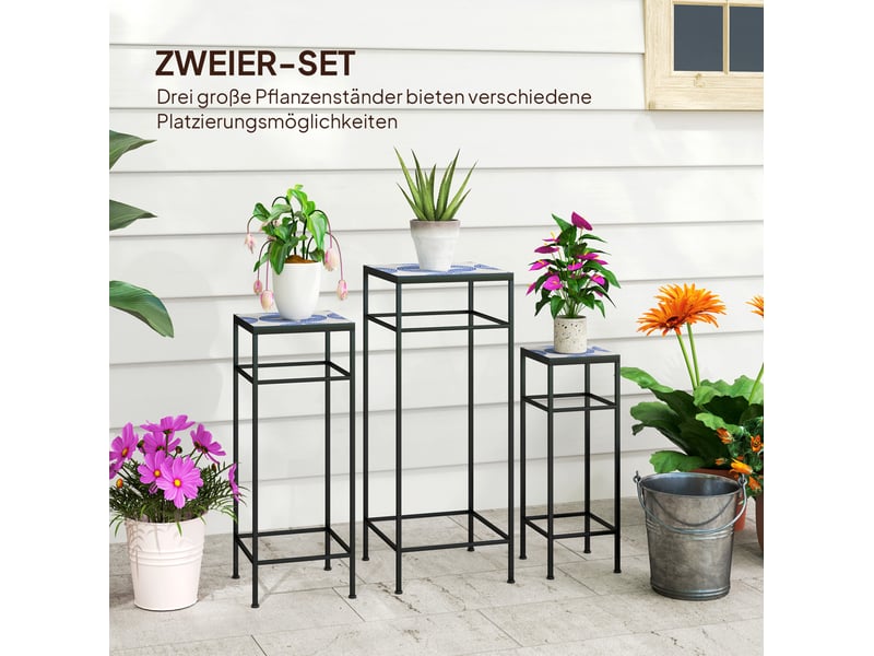  Lot de 3 porte-plantes en métal 28x28x71 cm – bleu et blanc – empilables, plateaux à motif mosaïque  - Conforama E