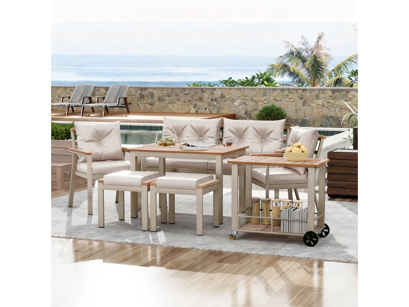 Salon de jardin en bois d’acacia 6-7 places avec table, fauteuils et desserte amovible, housses lavables – ensemble repas extérieur - Conforama B
