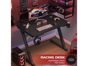 Bureau gaming 120 x 60 cm pour pc, table de jeu avec crochet casque, plateau effet fibre de carbone