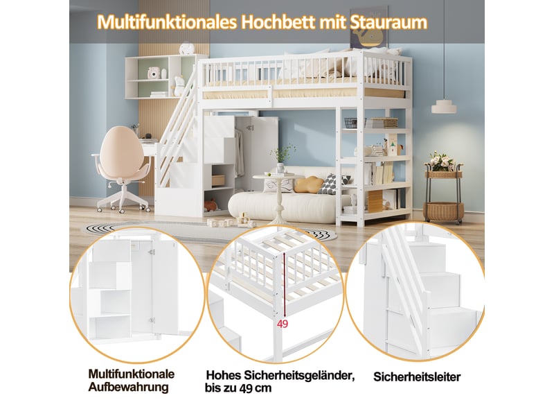  Lit mezzanine enfant 200×90 cm avec armoire, étagères et échelle, sommier à lattes, sans matelas  - Conforama E