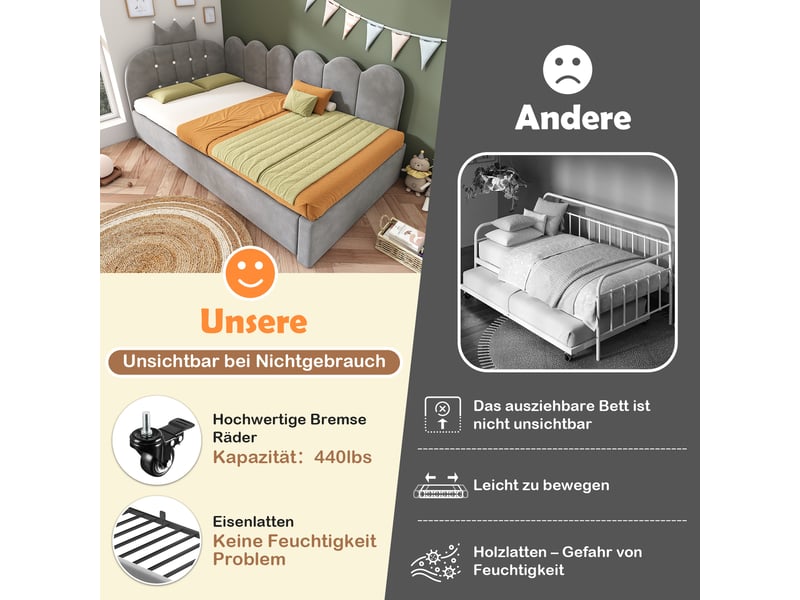  Lit gigogne 90x200 cm - lit 2 personnes avec lit tiroir 90x190 cm - velours - design couronne - gris  - Conforama R