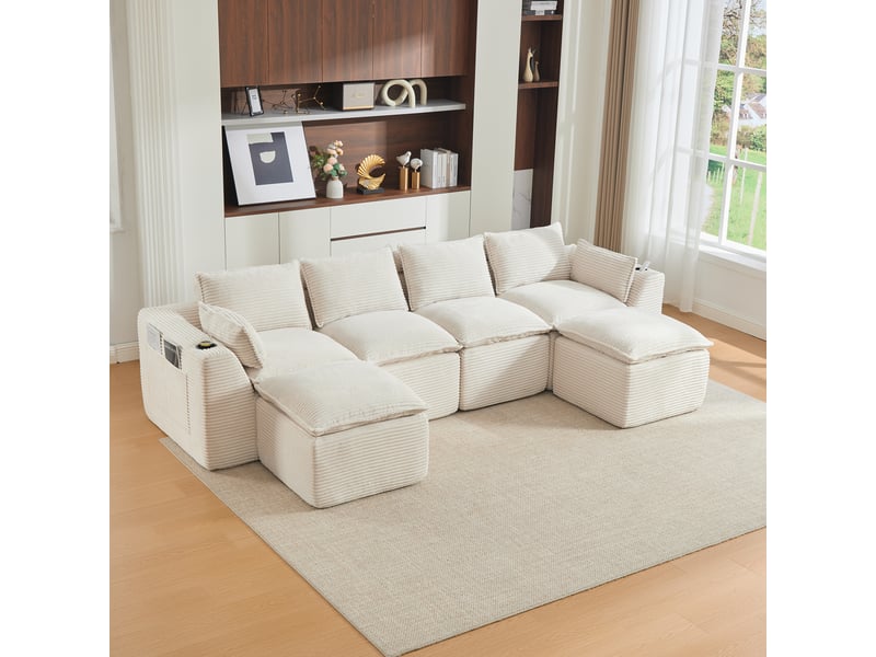  Canapé modulable modenvie 4 places avec 2 poufs, coussins, porte-gobelets et poches latérales en velours côtelé beige  - Conforama B