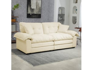 Canapé droit 2 places avec assise profonde, coussins double couche et 2 coussins en chenille beige