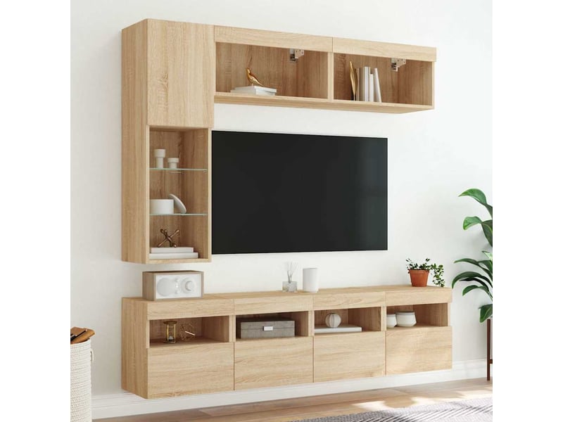  Ensemble de meubles tv muraux 7pcs et lumières led chêne sonoma  - Conforama D