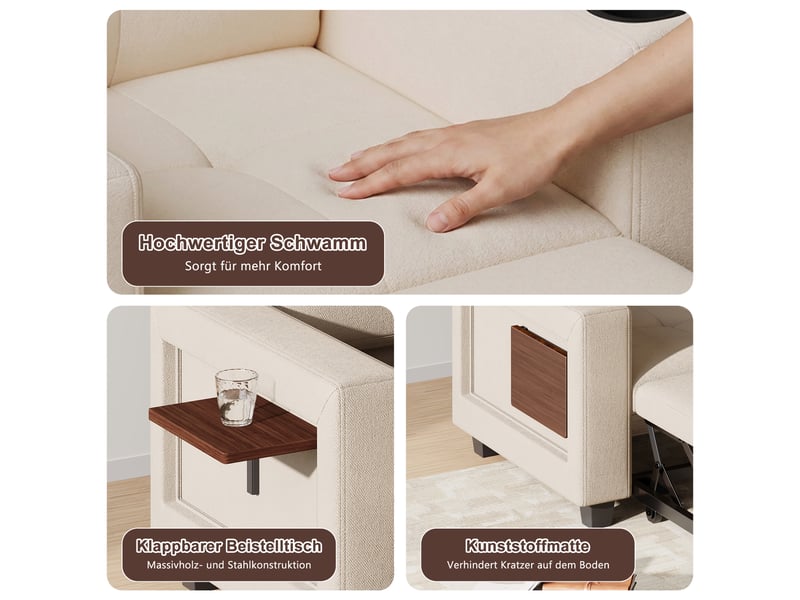  Fauteuil-lit 1 place crème en chenille convertible 3-en-1, dossier 5 positions avec tablette pliable et porte-gobelet  - Conforama W