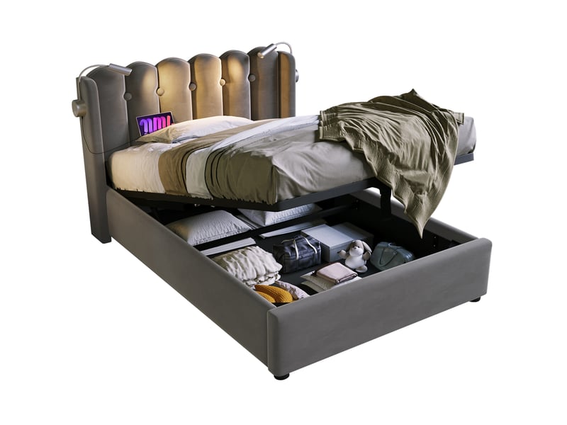  Lit enfant 90 × 200 cm 1 place avec coffre, usb, lampe de lecture et matelas inclus, en velours gris  - Conforama A
