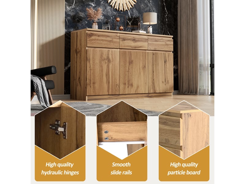  Buffet bois 3 portes 3 tiroirs 135 cm bahut salle à manger couleur naturelle  - Conforama R