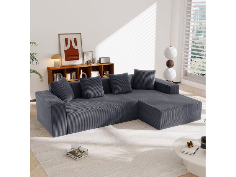  Canapé d'angle modulable modenvie 3 places en velours côtelé gris 261 x 146 x 65 cm  - Conforama D