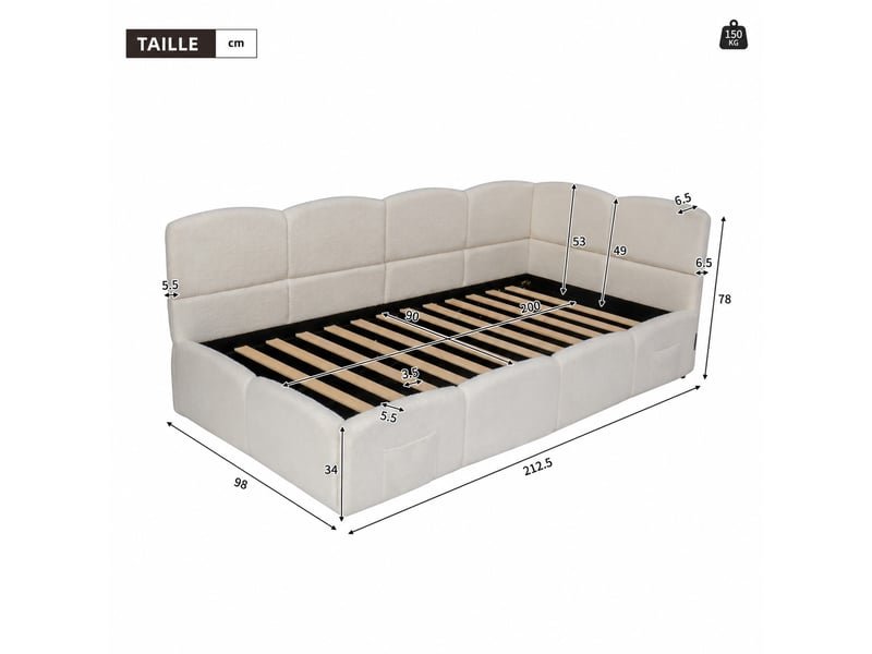  Lit coffre 200×90 cm en bouclé, lit simple avec rangement hydraulique, usb-a, usb-c et poches, sans matelas, beige  - Conforama D