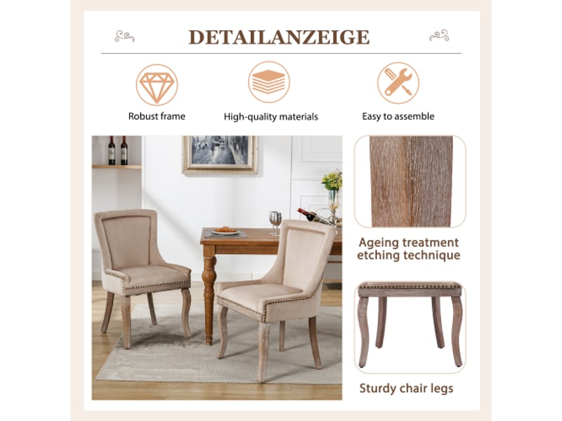  Chaise de salle à manger luxueuse, 2 pcs, velours, rembourrée avec garniture cloutée, pieds en bois, beige  - Conforama B