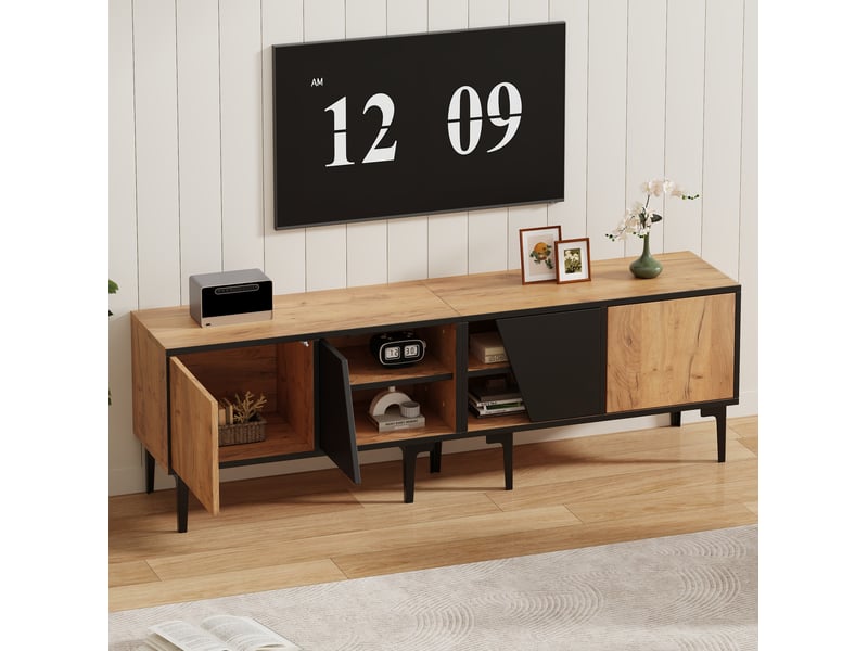  Meuble tv bas design 160 x 36,5 x 45 cm 4 compartiments portes obliques 7 pieds panneau de particules naturel et noir  - Conforama W