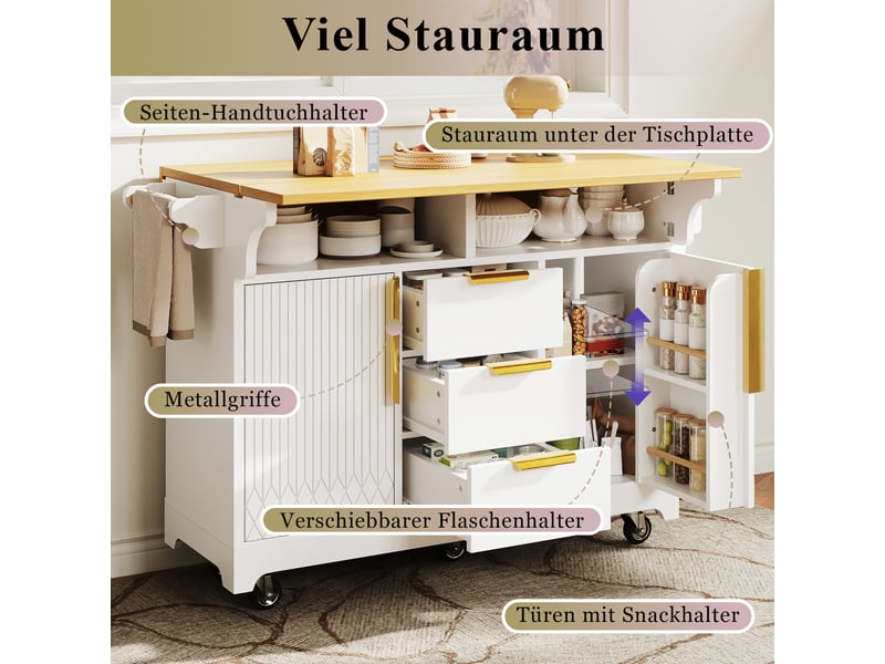 Îlot de cuisine sur roulettes avec plateau pliable 3 tiroirs blanc 120x40x95 cm N620CC260807W - Conforama D