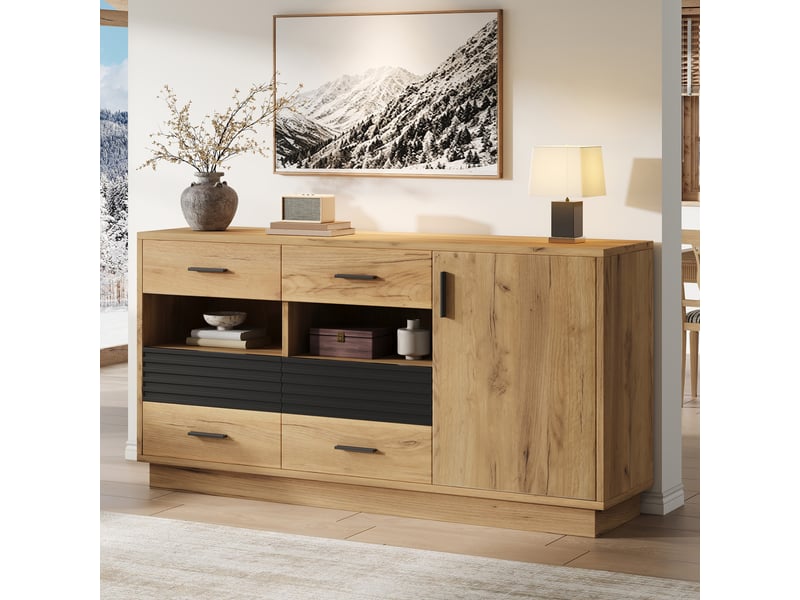  Buffet 140x35x70 cm avec 6 tiroirs et 1 porte, meuble de rangement avec 12 espaces, commode multifonction avec niches ouvertes, mdf, noir et bois Seren Glow - Conforama B