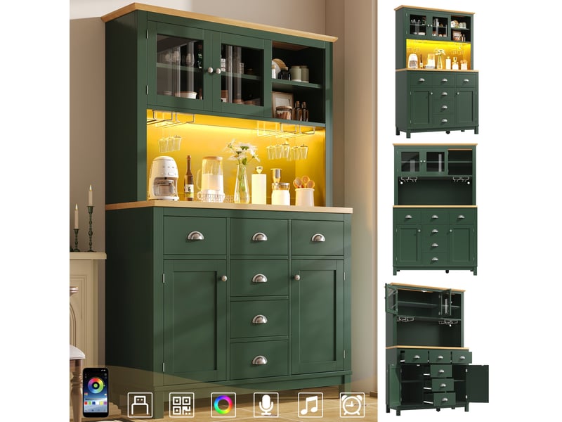  Buffet haut modenvie style campagne 104 x 40 x 180 cm 4 portes led mdf vert et blanc  - Conforama E