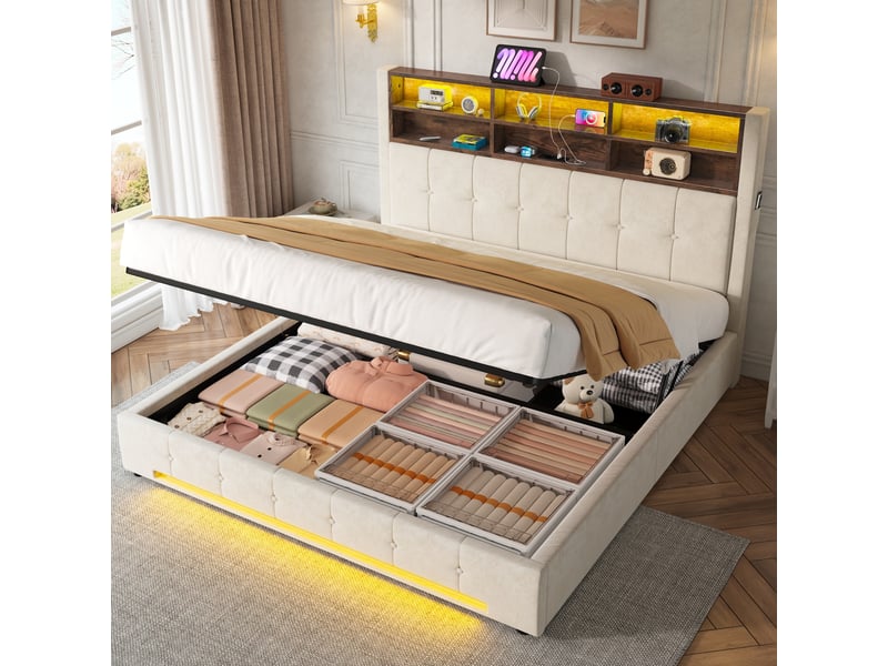  Lit coffre 180x200 cm, lit double, rangement hydraulique, led, usb et usb-c, velours beige  - Conforama E