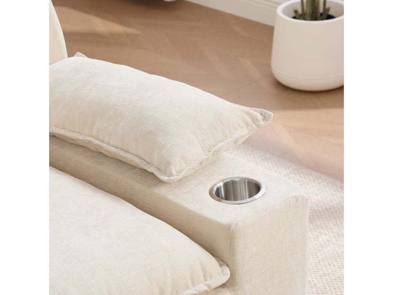 Méridienne beige en tissu chenille, fauteuil relax compact avec porte-gobelet et rangement latéral pour salon - Conforama D