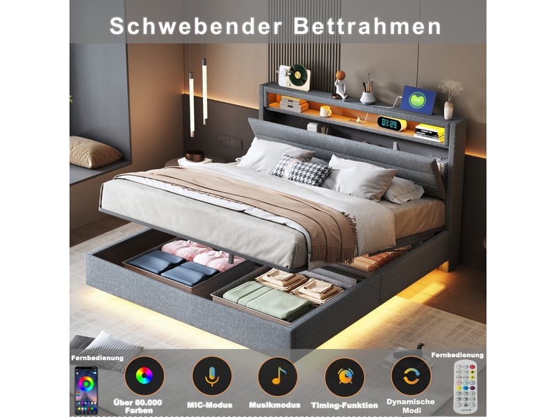  Lit coffre 140 x 200 cm gris, éclairage led, port usb et rangement hydraulique en lin  - Conforama D