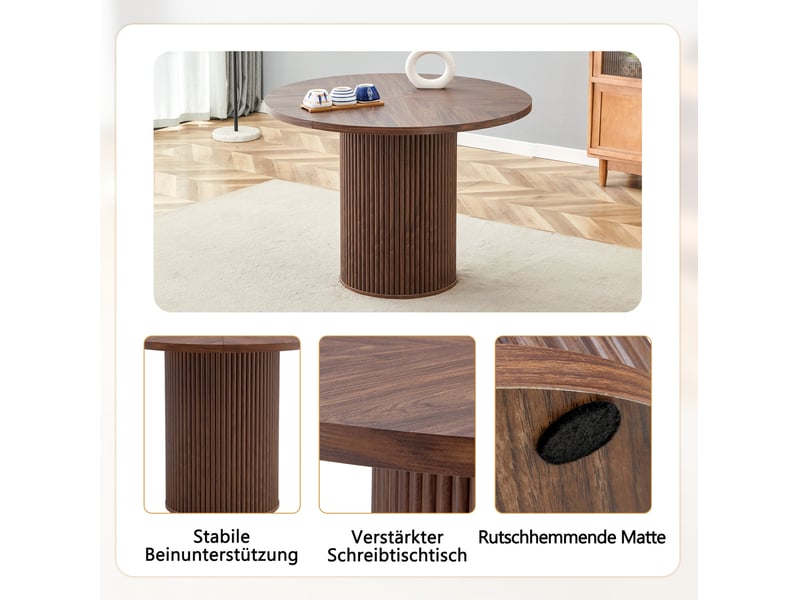  Table de salle à manger pour 4 à 6 personnes avec plateau à 4 segments et pieds cylindriques, en mdf, noyer, diamètre 100 cm  - Conforama E