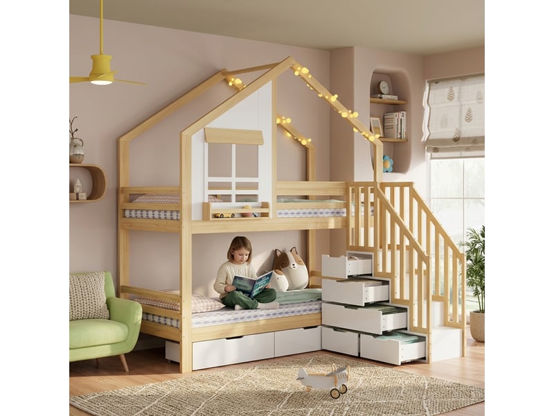 Lit superposé avec rangement et roulettes, bois pin blanc et naturel - Conforama B
