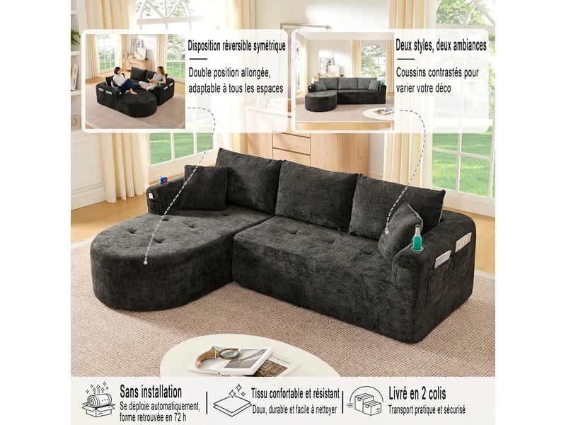  Canapé d'angle en l sans montage 255 x 170 cm noir avec porte-gobelet inox et rangements  - Conforama R
