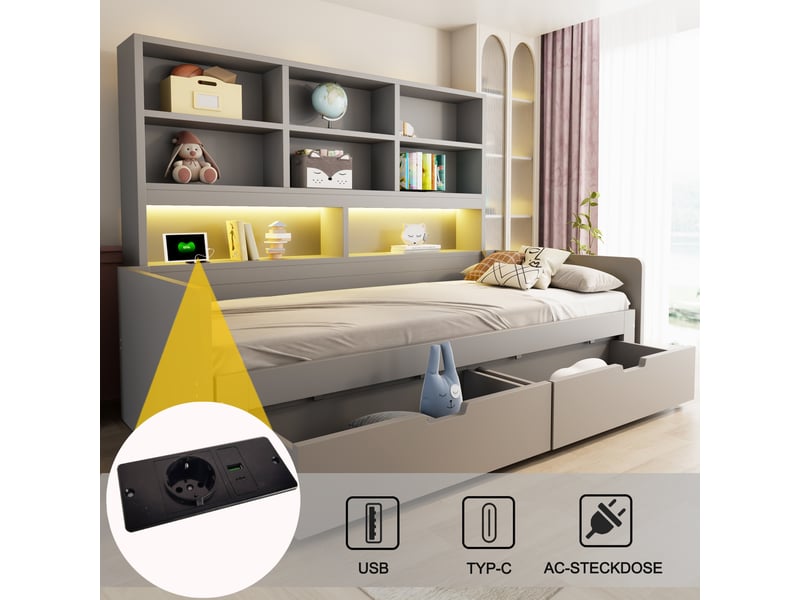 Lit gigogne extensible 90/180x200 cm, tiroirs de rangement, étagères intégrées, led et prises, gris, sans matelas - Conforama D