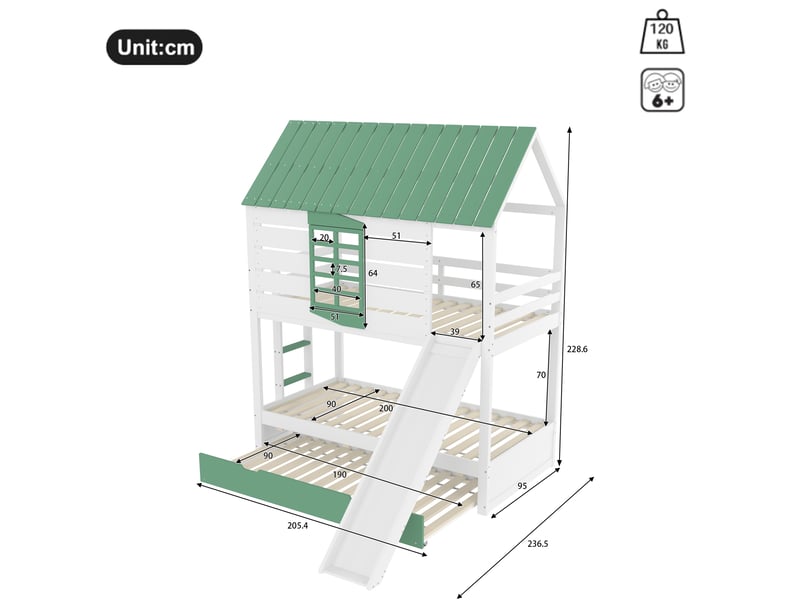  Lit superposé cabane enfant 90x200 cm avec toit à pignon, fenêtre en forme de cœur, toboggan, échelle et lit gigogne, pin et mdf, blanc et vert OPULERANE TRADING LTD - Conforama C