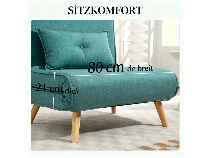 Lit simple 80 × 190 cm, fauteuil convertible clic-clac à dossier réglable sur 5 positions avec coussin, vert, pour salon - Conforama E