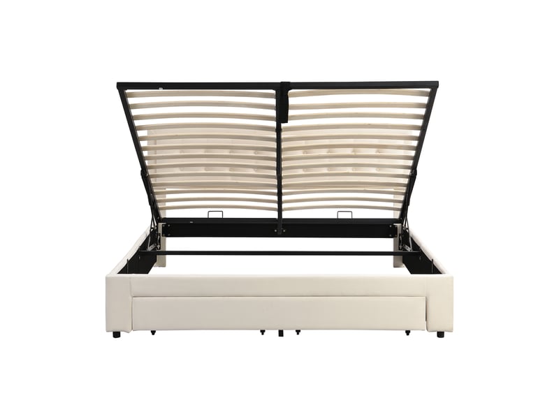  Lit double 180x200 cm, cadre de lit, sommier à lattes, coffre de rangement, tiroirs, velours beige  - Conforama B