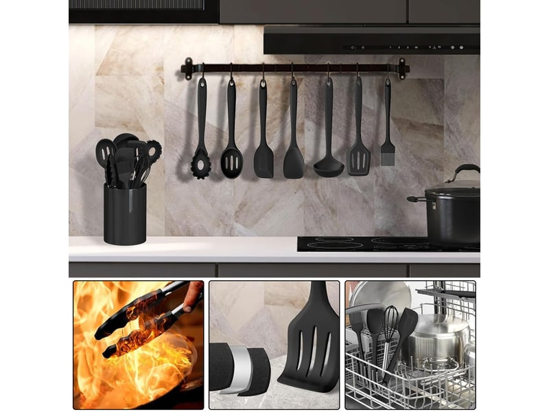  Set de 12 ustensiles de cuisine,meulva,33,5x12,5x12,5 cm,silicone,noir  - Conforama E