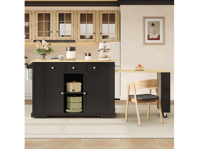  Desserte de cuisine avec table extensible, 2 portes, 2 tiroirs et prises intégrées, pour cuisine, 138 × 55 × 93 cm  - Conforama B