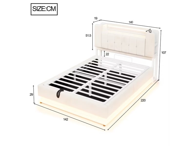  Lit coffre capitonné 140 x 200 cm - avec éclairage led - avec port usb - velours - beige (matelas non inclus)  - Conforama C