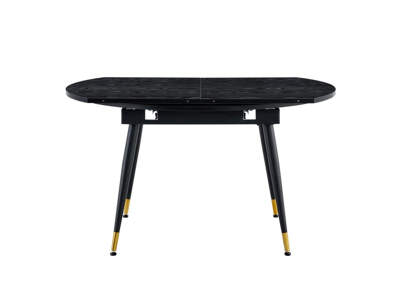 Table à manger extensible moderne se transformant de ronde à ovale en mdf noir ou noyer avec accents dorés sur pieds métalliques gain de place - Conforama D