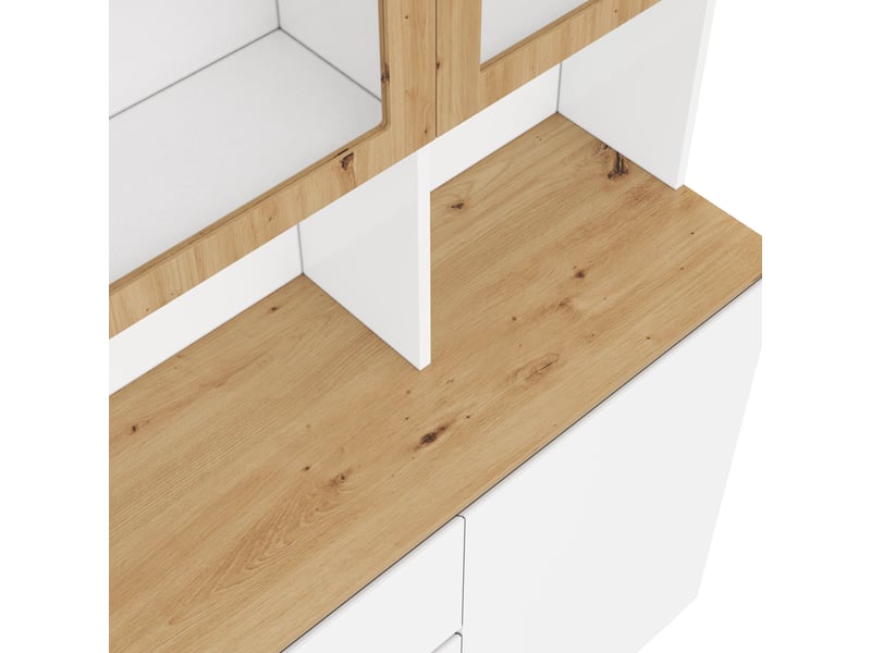  Vitrine avec éclairage led, armoire haute blanc et chêne 120x200 cm. Armoire de cuisine multifonction avec tiroirs et étagères en verre.  - Conforama W