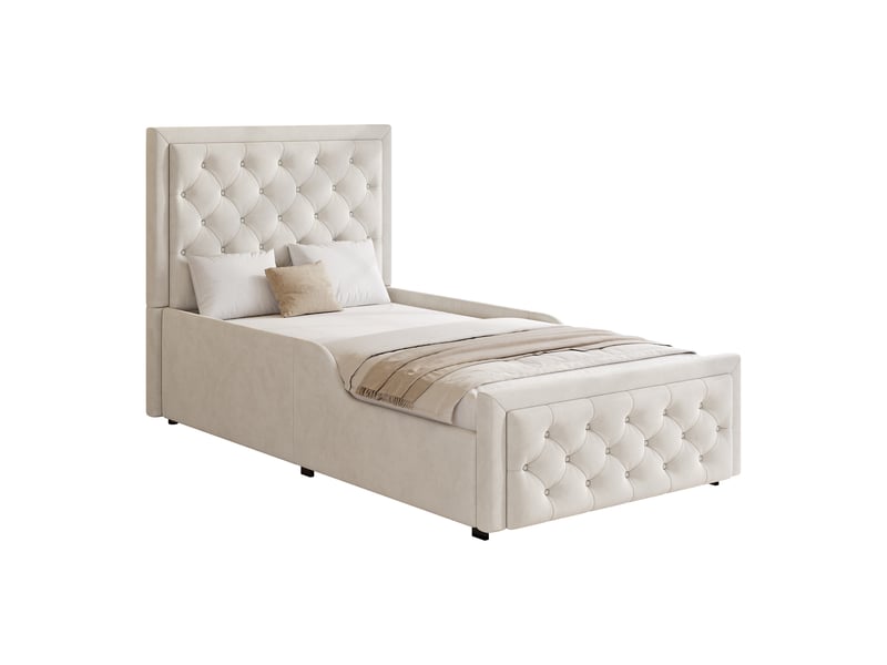  Lit coffre enfant 90 × 200 cm 1 place avec rangement hydraulique, sans matelas, en velours, beige  - Conforama E