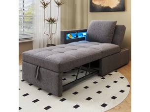 Canapé convertible 3 places gris foncé, lit sofa avec revêtement en lin, dossier réglable et rangement intégré