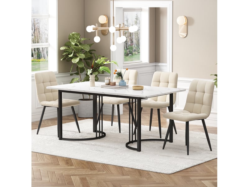  Ensemble table et 4 chaises moderne 140 x 80 cm, mdf blanc effet marbré et velours beige pour recevoir  - Conforama B