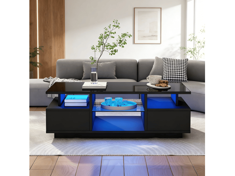  Table basse avec 2 tiroirs, rangement ouvert, led et plateau en verre pour salon en panneau de particules noir  - Conforama E