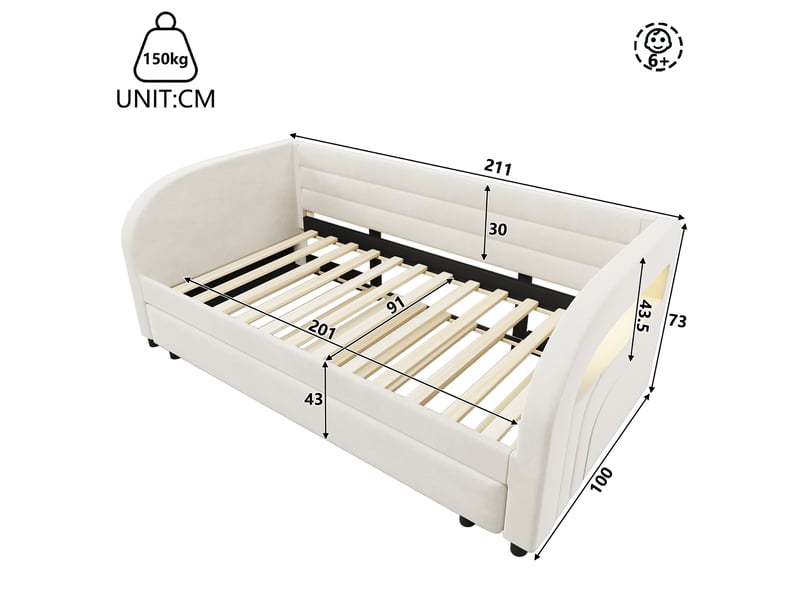  Lit banquette simple 90×200 cm avec lit gigogne et led - okmyhome- en flanelle beige, sans matelas  - Conforama D