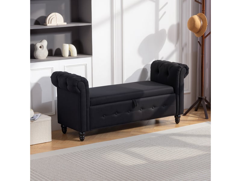  Banc banquette coffre 2 en 1 noir en tissu aspect lin avec pieds en bois 146,5 x 49 x 72 cm  - Conforama D