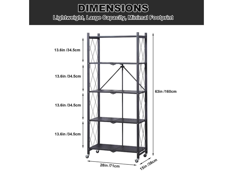  Étagère de rangement pliante 5 niveaux en métal sur roulettes verrouillables– rack filaire mobile– cuisinegarage –  70×35×158 cm PHK_33Q3AMK9 - Conforama B
