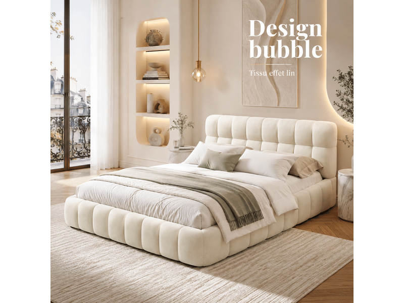  Lit double rembourré 160x200 cm, lit bubble avec sommier à lattes et tête de lits capitonne , lit double 2 personnes,lit queen avec un design unique,cadre de lit pour adulte adolescents, sans matelas, lin, beige, structure de li…  - Conforama D