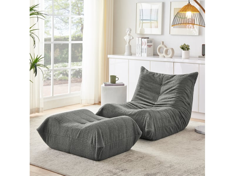 Fauteuil relax 100x90x70 cm gris en mousse et tissu bouclette, avec repose-pieds pour lecture et détente  - Conforama B