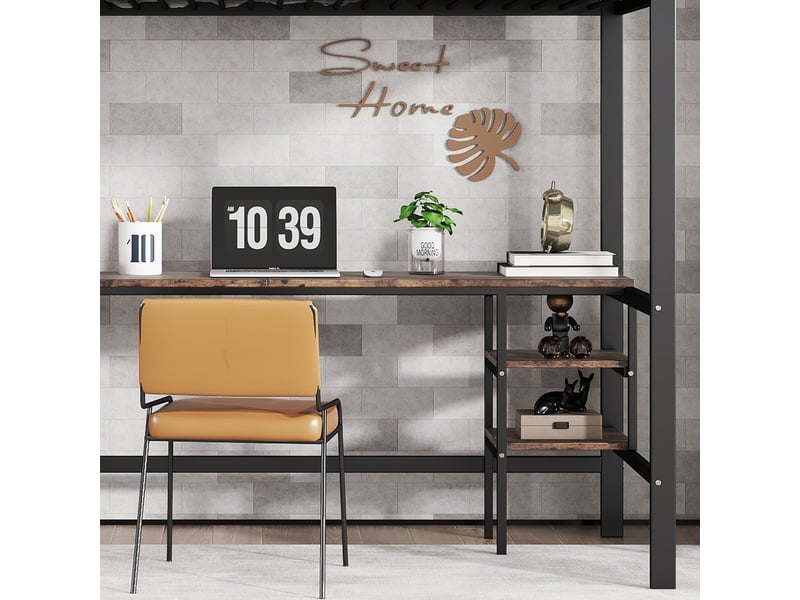 Lit mezzanine 90x200cm, lit 1 place avec bureau, étagères de rangement, escalier et sommier, lit en métal+aggloméré, noir, sans matelas - Conforama R