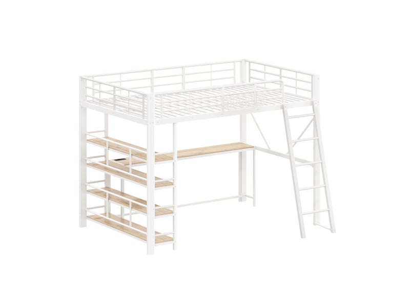 Lit mezzanine 140x200cm, bureau intégré, panier et compartiments de rangement, station usb, éclairage led, structure en métal, blanc evarich - Conforama D