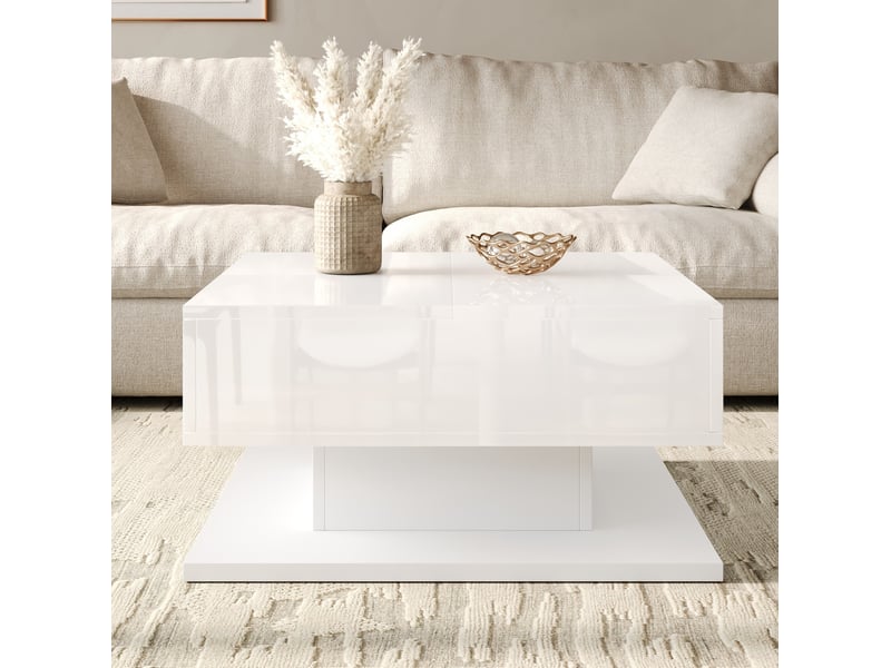  Table basse relevable 72x72 cm – blanche – led app, rangement à clapet et 2 tiroirs haute brillance  - Conforama B
