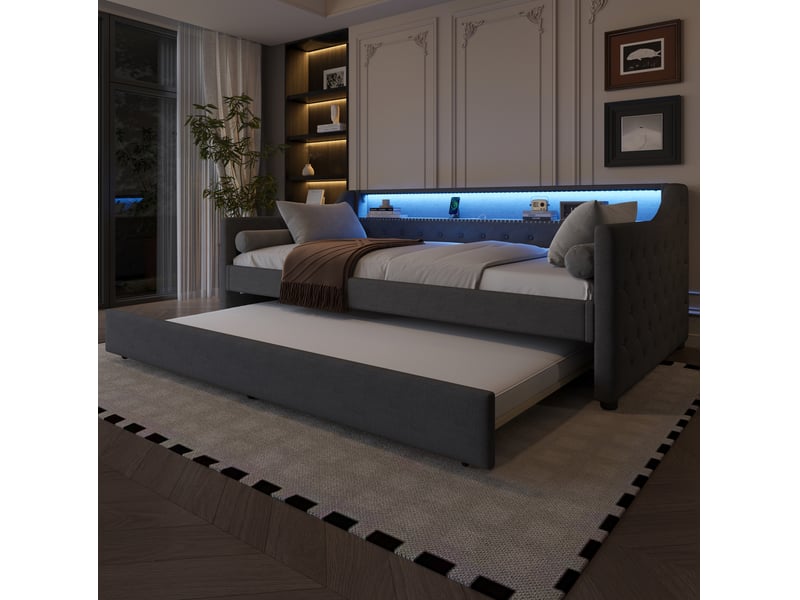  Lit gigogne 90x200 cm avec led et port usb mdf gris sans matelas  - Conforama D